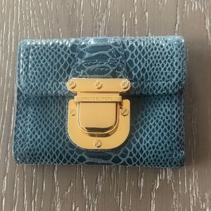 Michael Kors Blue Teal Snakeskin Print Embossed Card Holder Wallet Gold-Tone EUC